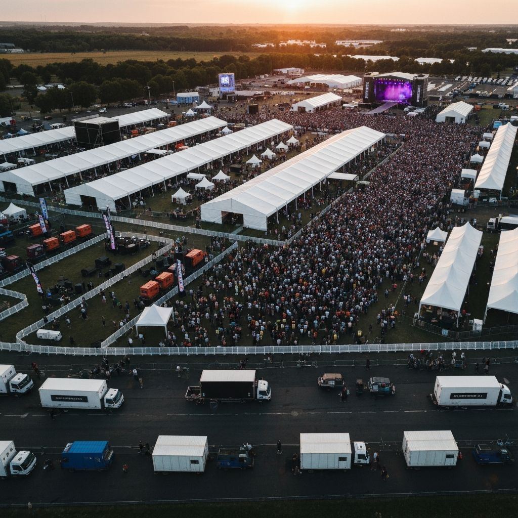 Aerial view of a large organized outdoor event at sunset